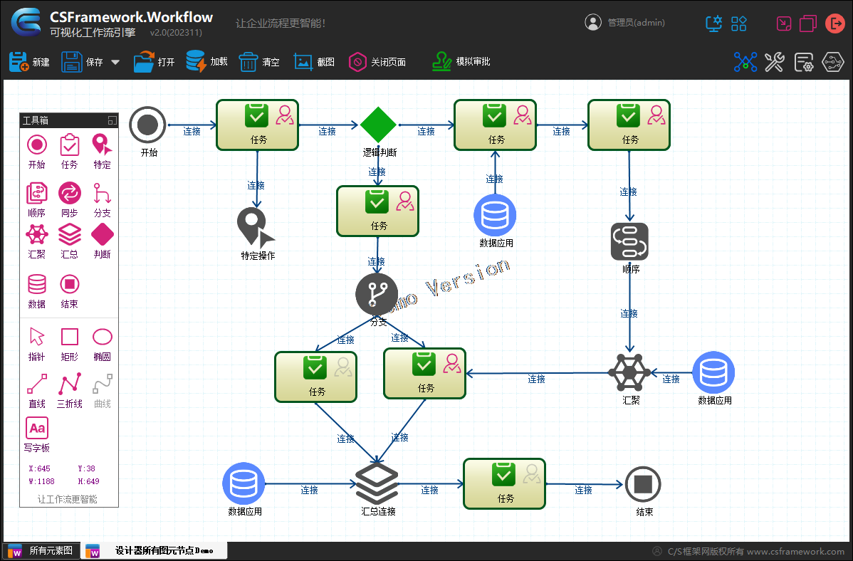 CSFramework.Workflow - 可视化工作流引擎 - 所有图元连接展示